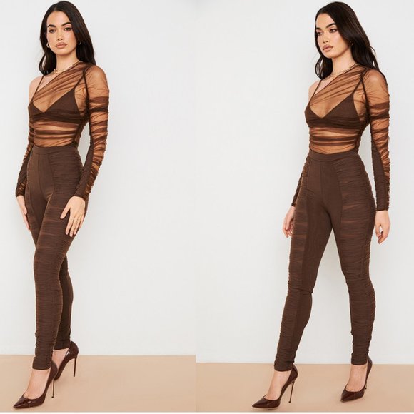 HOUSE OF CB 'Isolde' Chocolate Layered Mesh Trousers NWOT - Picture 3 of 5